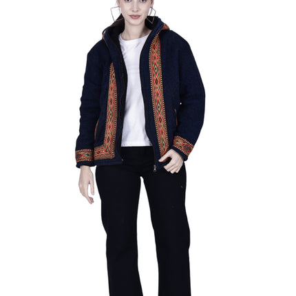 Himachal handicrafts Woolen Winter Wear ZIPPER HOODIE Jacket for MEN & Women WITH KULLU PATTI WORK blue