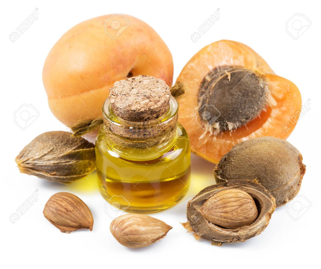 A small glass bottle of aruna kullu handloom GUTTI KA TEL (Apricot oil) with a cork, surrounded by whole apricots, pits, and kernels on a white background.