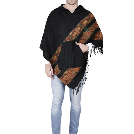 kullu shawl woolen poncho with hood black teen patti