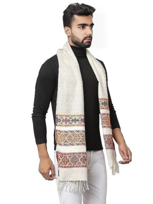 warm muffler Woollen Hand Woven Pure Embroidered white 3 patti