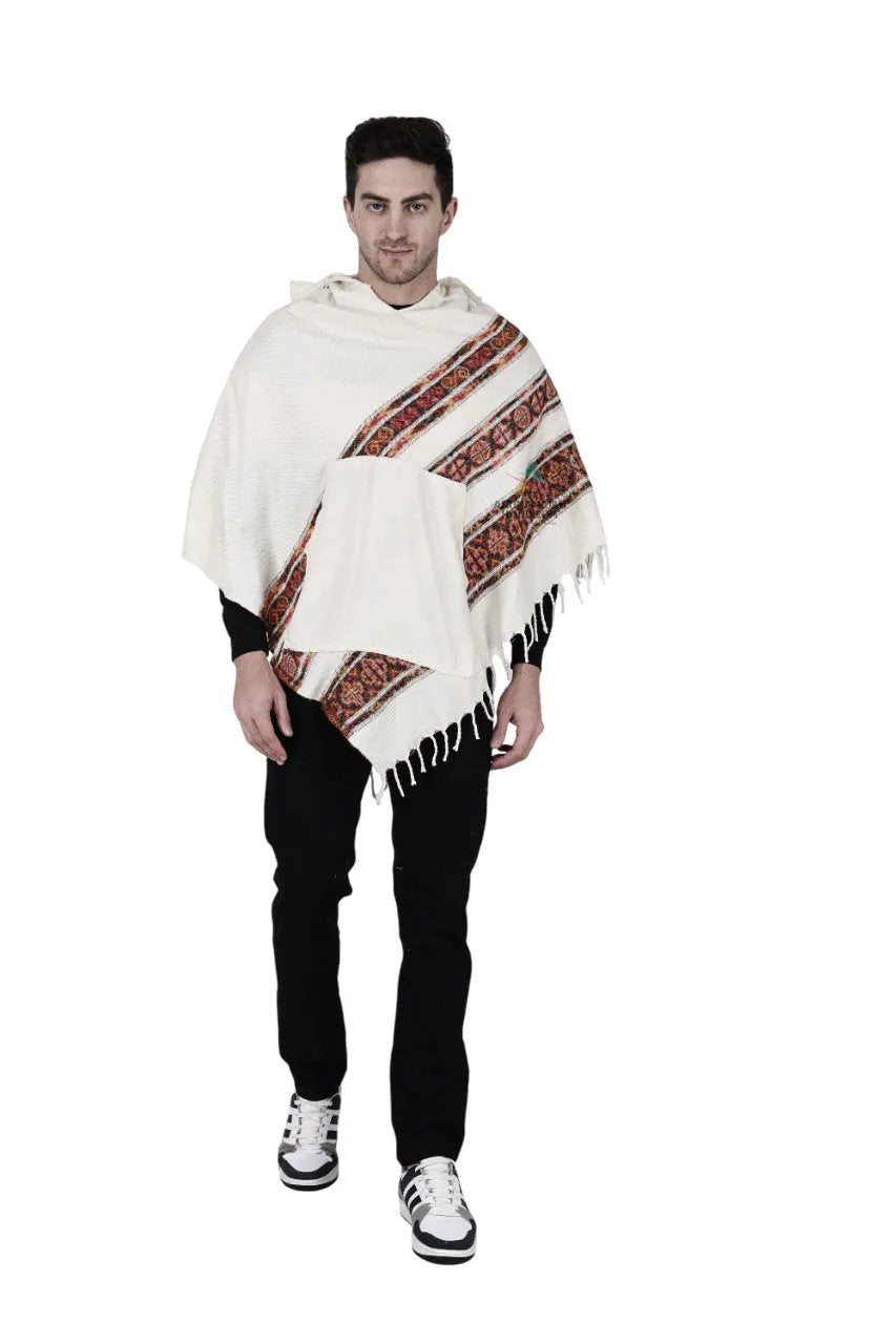 kullu shawl woolen poncho with hood white 3 patti poncho.