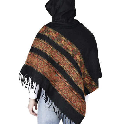 kullu shawl woolen poncho with hood black teen patti