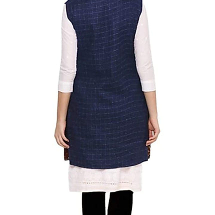 Check navy blue long jacket with kullu lace work