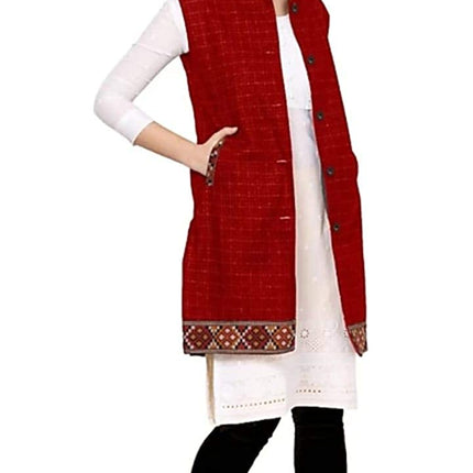 Check red long jacket with kullu lace work