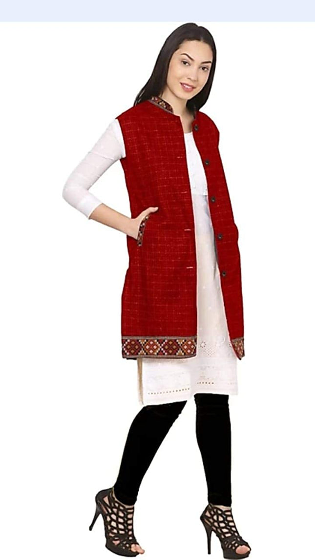 Check red long jacket with kullu lace work