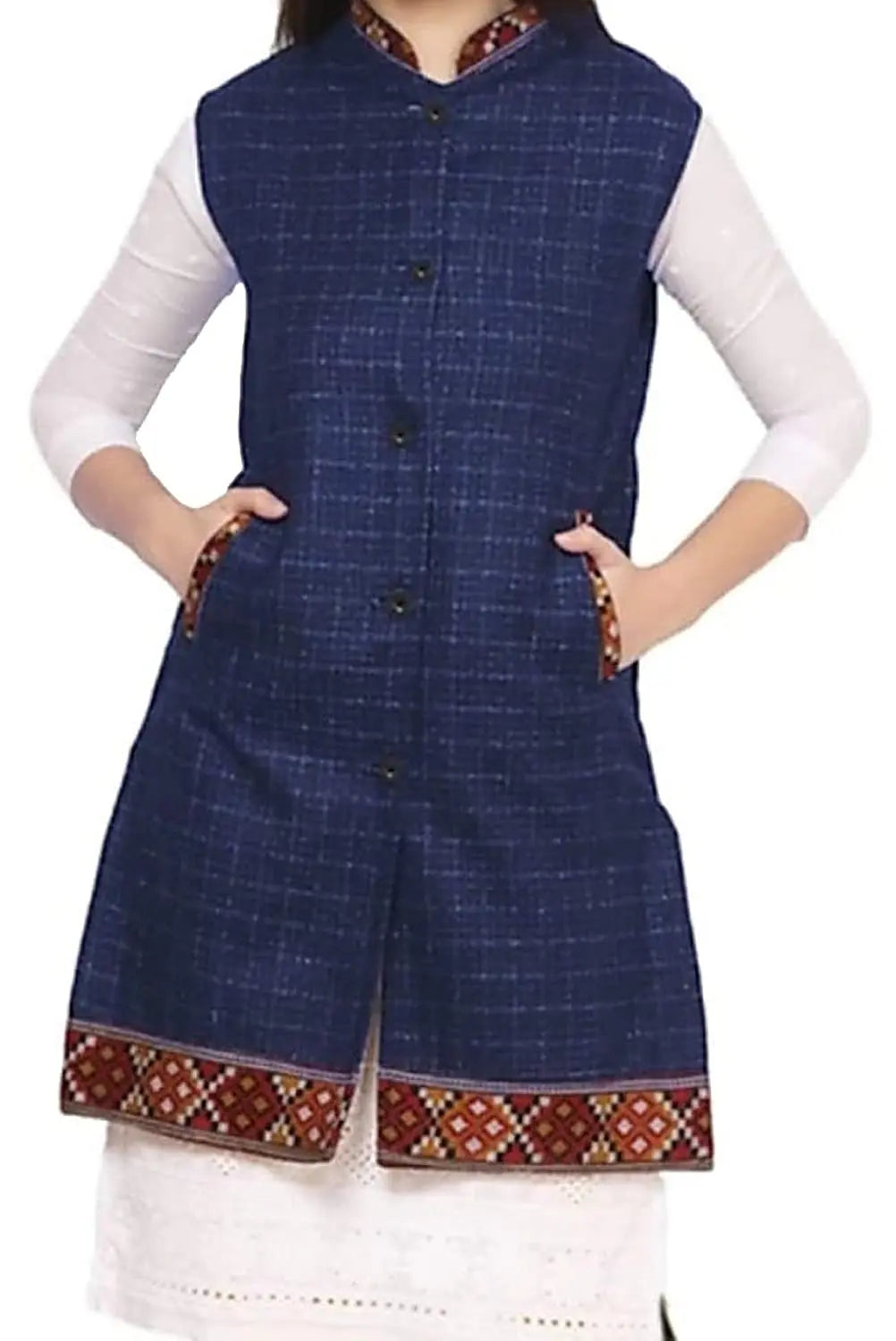 ARUNA KULLU HANDLOOM  Woolen Winter Wear Long Jacket for Women Check blue HALF SLEEVES FULL SLEEVES BOTH AVAILABLE.