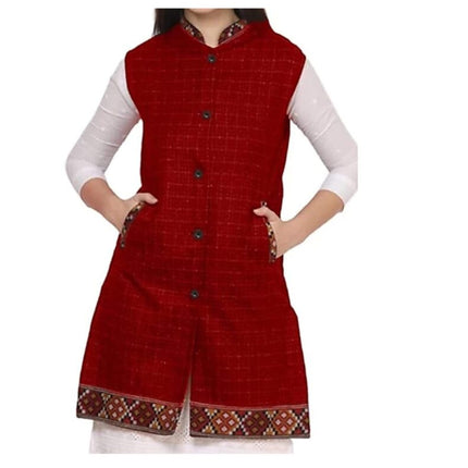 Check red long jacket with kullu lace work