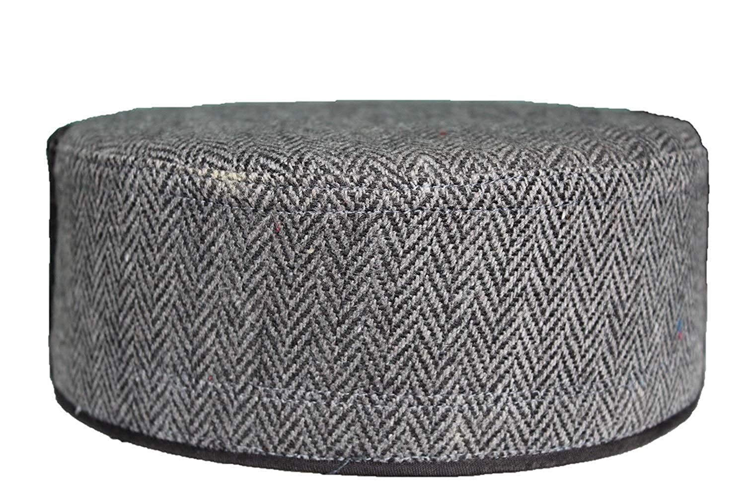 A GREY CENTER BORDER kullu cap by aruna kullu handloom, price 330, features a round, flat shape with a gray body and black-and-white chevron pattern, shown from the side against a white background.