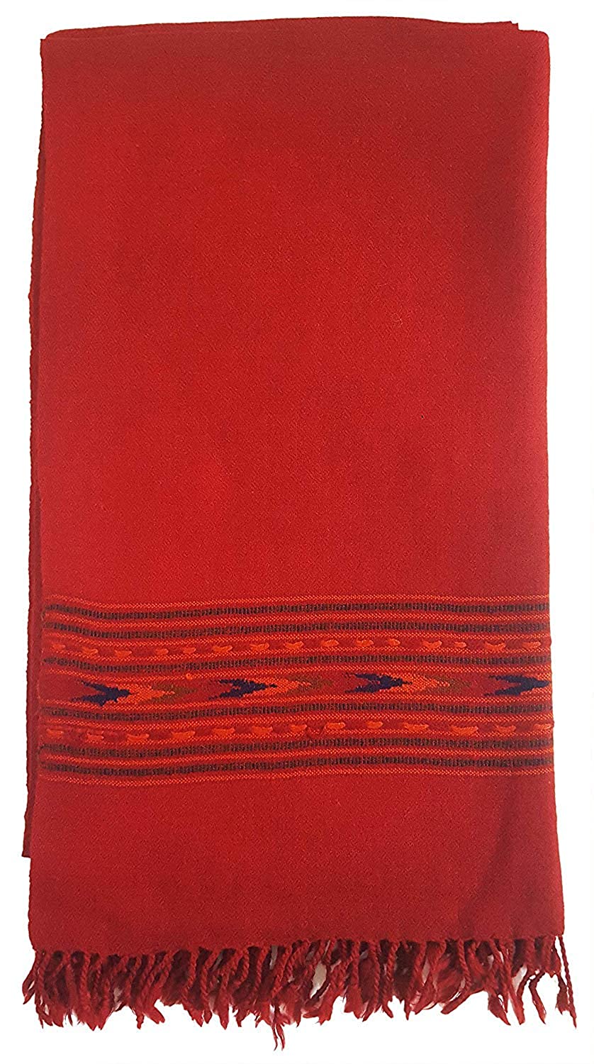 A folded ARUNA Premium Pure Wool Kullu Shawl by aruna kullu handloom in red, featuring a geometric patterned decorative woven band near one end and short fringes along the edge.