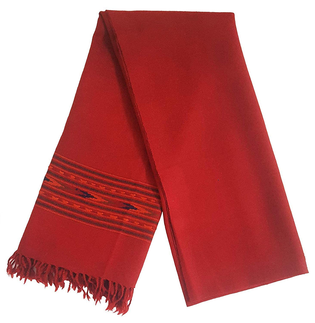 The ARUNA Premium Pure Wool Kullu Shawl Unisex by aruna kullu handloom is a red woven scarf with subtle stripes and patterns near one end and fringed tassels, neatly folded for an elegant look.