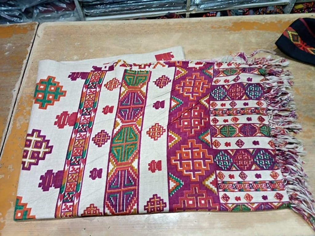 kinnauri shawl kullu and kinnauri shawls kinnauri shawls online kinnauri shawls history  The aruna kullu handloom Pure Yak Wool Pashmina Kinnauri Triple Border printed shawl features vibrant geometric patterns in red, green, purple, and orange on beige, with fringed ends—echoing traditional Kinnauri craftsmanship.