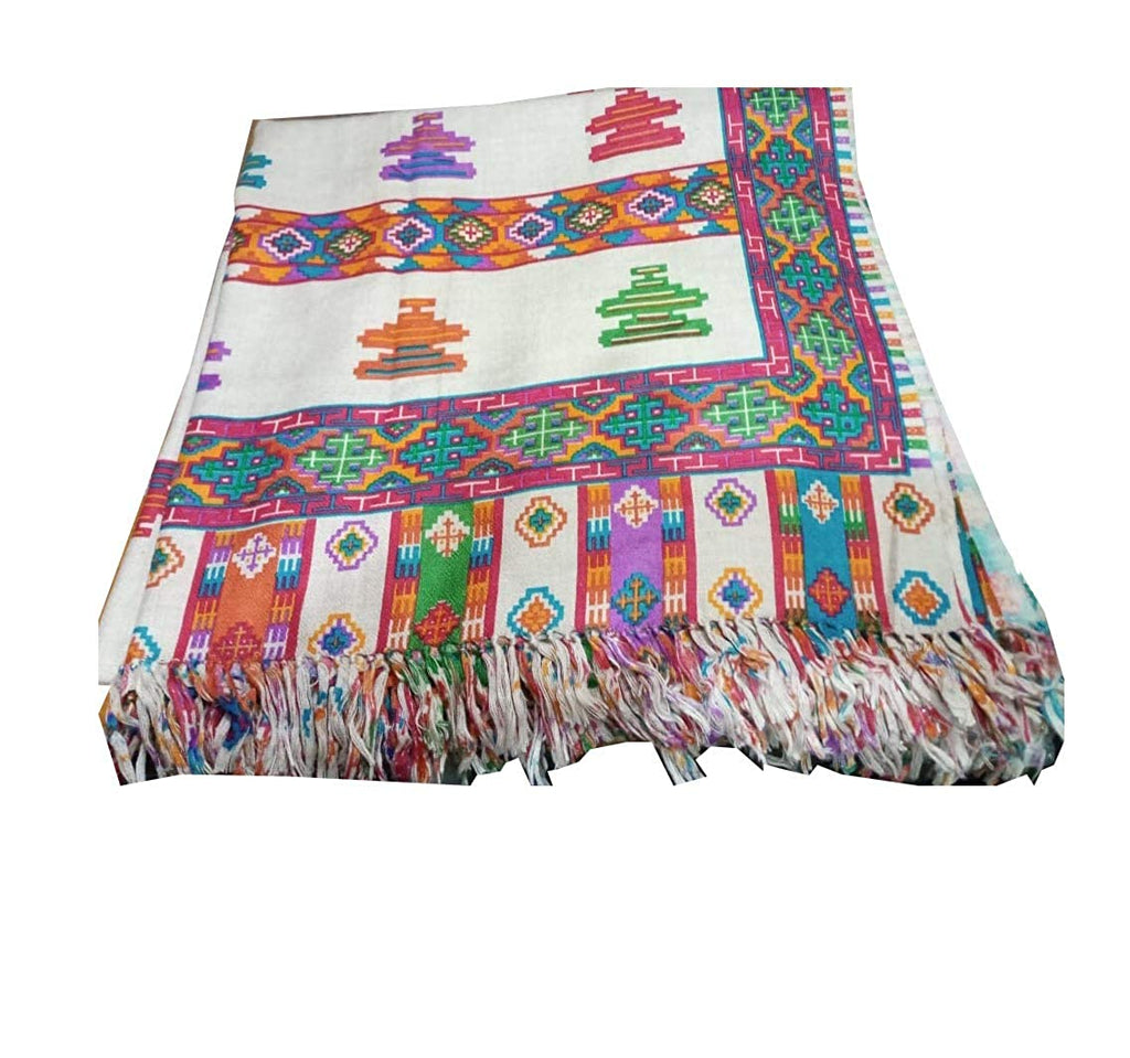 kinnauri shawl kullu and kinnauri shawls kinnauri shawls online kinnauri shawls history  The Pure Yak Wool Pashmina Kinnauri Triple Border printed shawl by aruna kullu handloom features vibrant geometric and abstract designs in red, green, orange, purple, and blue on white with multicolored tassels inspired by Kullu shawls.