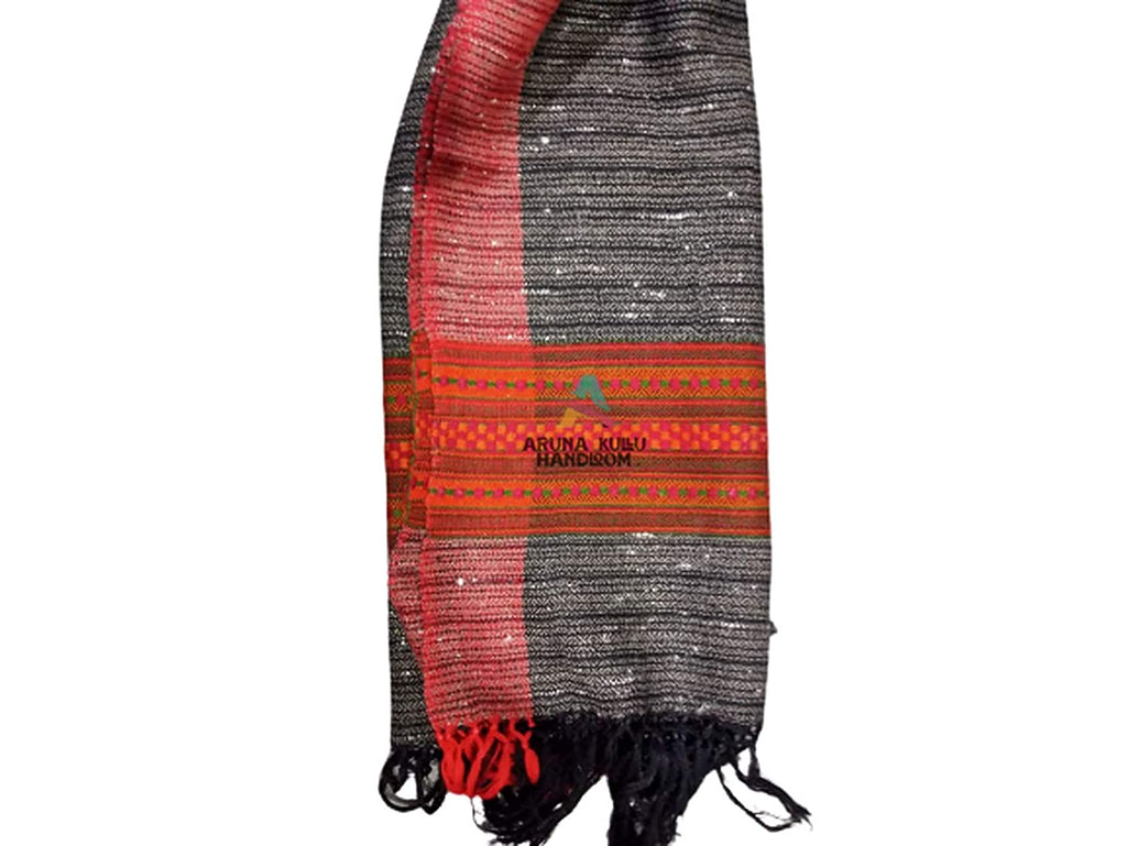 A handwoven pure yak wool stole by aruna kullu handloom, featuring Kullu typical weaving in grey with black lines. This free-size woolen accessory showcases traditional Himalayan craftsmanship.