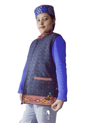 Kullu Ladies Woolen Jacket with traditional kullu patti work reversal black