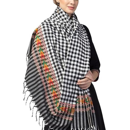 kinnauri shawls ANGORA Shawl with Beautiful Kullu Weaving Designed for Women and Girls check black