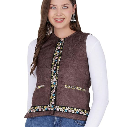 Nehru jacket women with embrodery work coffee