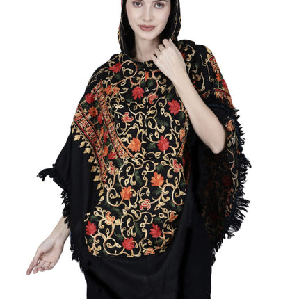 Kashmiri embroidered woolen poncho with hood for ladies black