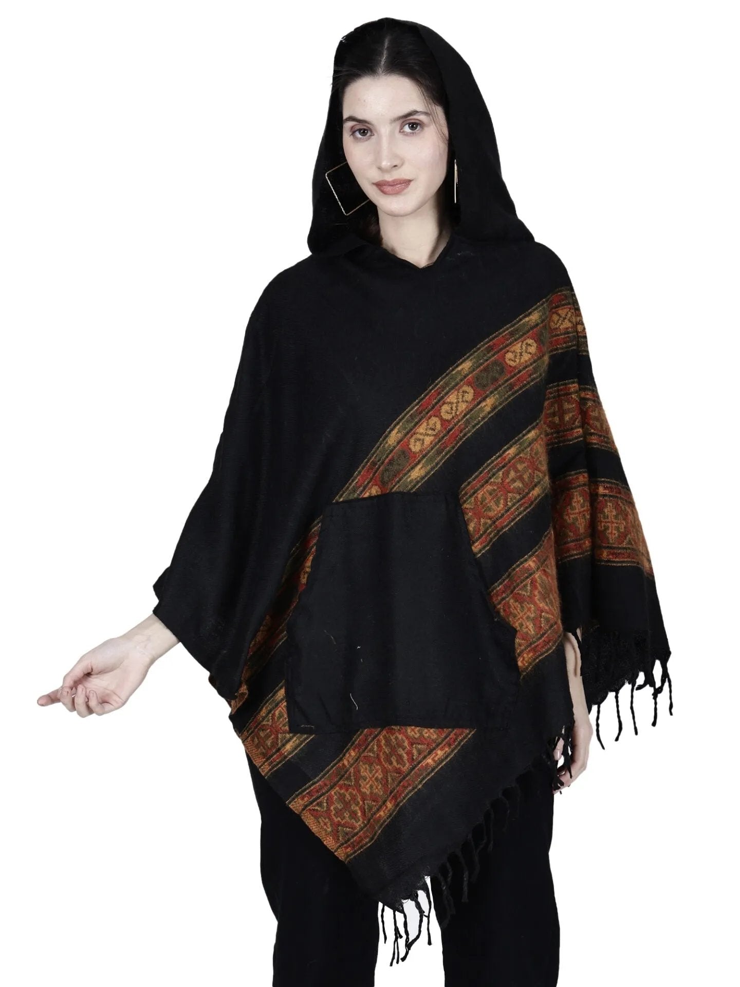 Aruna kullu handloom shawl poncho for girls black long 3 patti.