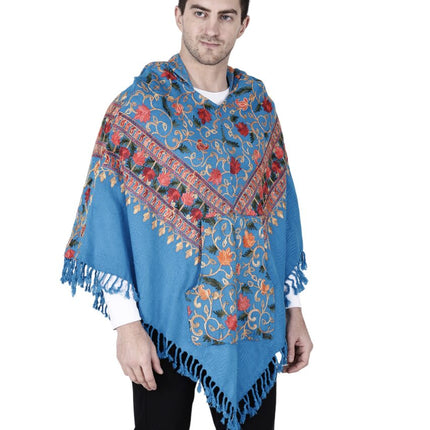kullu shawl woolen poncho with hood kashmiri blue