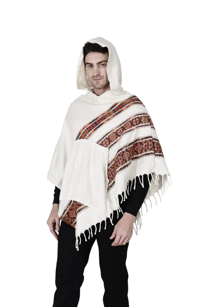 kullu shawl woolen poncho with hood white 3 patti poncho.