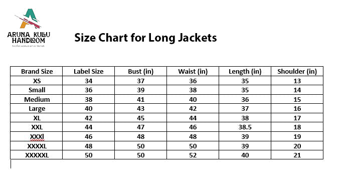 Size chart for aruna kullu handloom’s “manali dress for girl” woolen winter wear long jacket (brown, half & full sleeve), includes brand sizes XS–XXXXXL with bust, waist, length, and shoulder measurements in inches.