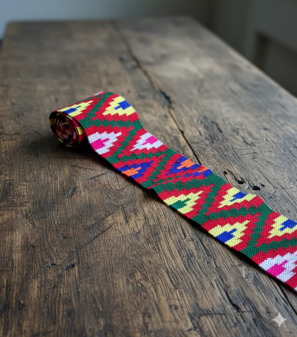 The aruna kullu handloom Kullu patti design lace border (3 meters) features vibrant geometric motifs in red, green, yellow, blue, and pink—displayed on a rustic wood surface with soft natural light, reflecting Himachal’s craftsmanship.