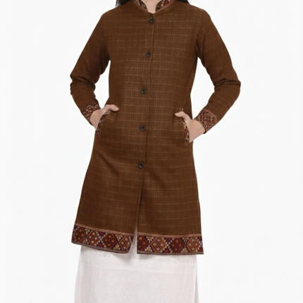 himachali Long Jacket jacket for ladies FULL SLEEVES brown check