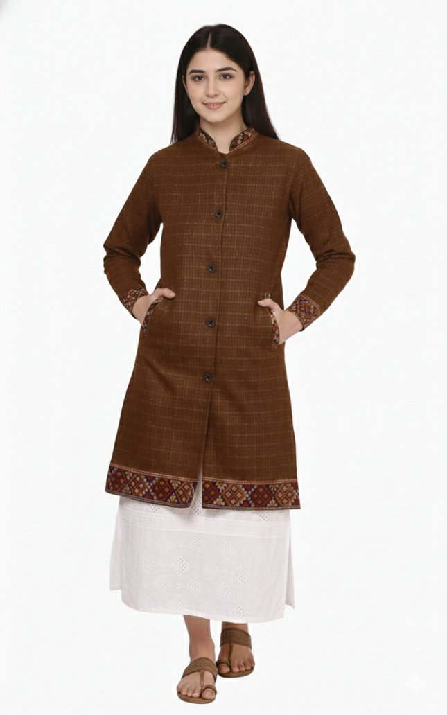 himachali Long Jacket jacket for ladies FULL SLEEVES brown check
