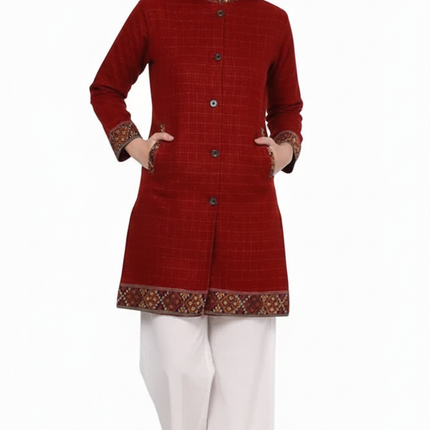 himachali Long Jacket jacket for ladies FULL SLEEVES red check