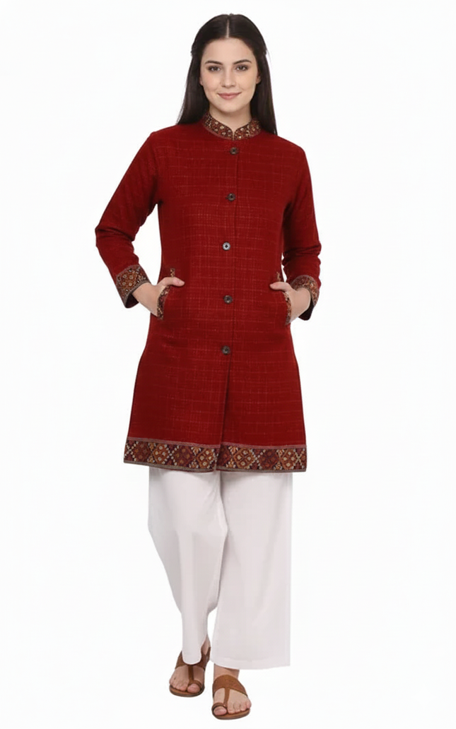 himachali Long Jacket jacket for ladies FULL SLEEVES red check