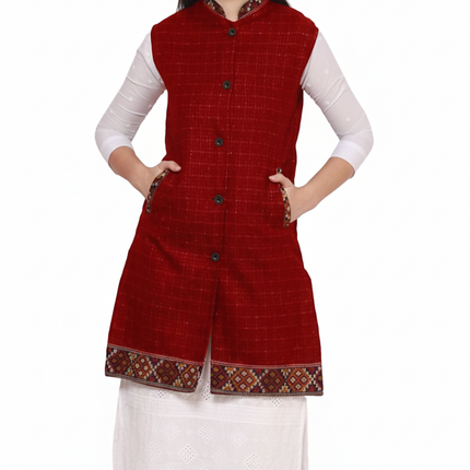 Check red long jacket with kullu lace work