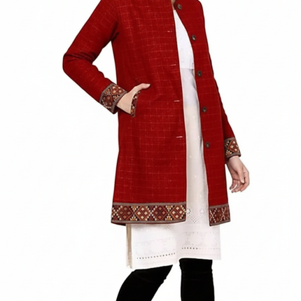 himachali Long Jacket jacket for ladies FULL SLEEVES red check