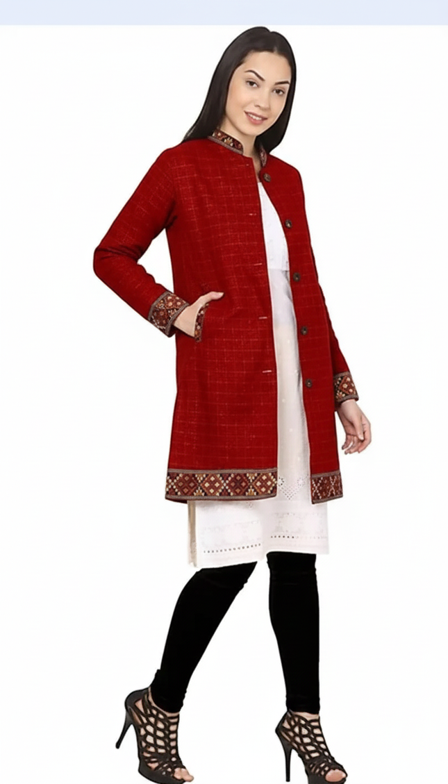 himachali Long Jacket jacket for ladies FULL SLEEVES red check