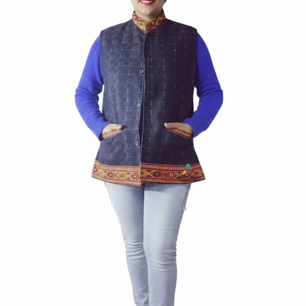 Kullu Ladies Woolen Jacket with traditional kullu patti work reversal black