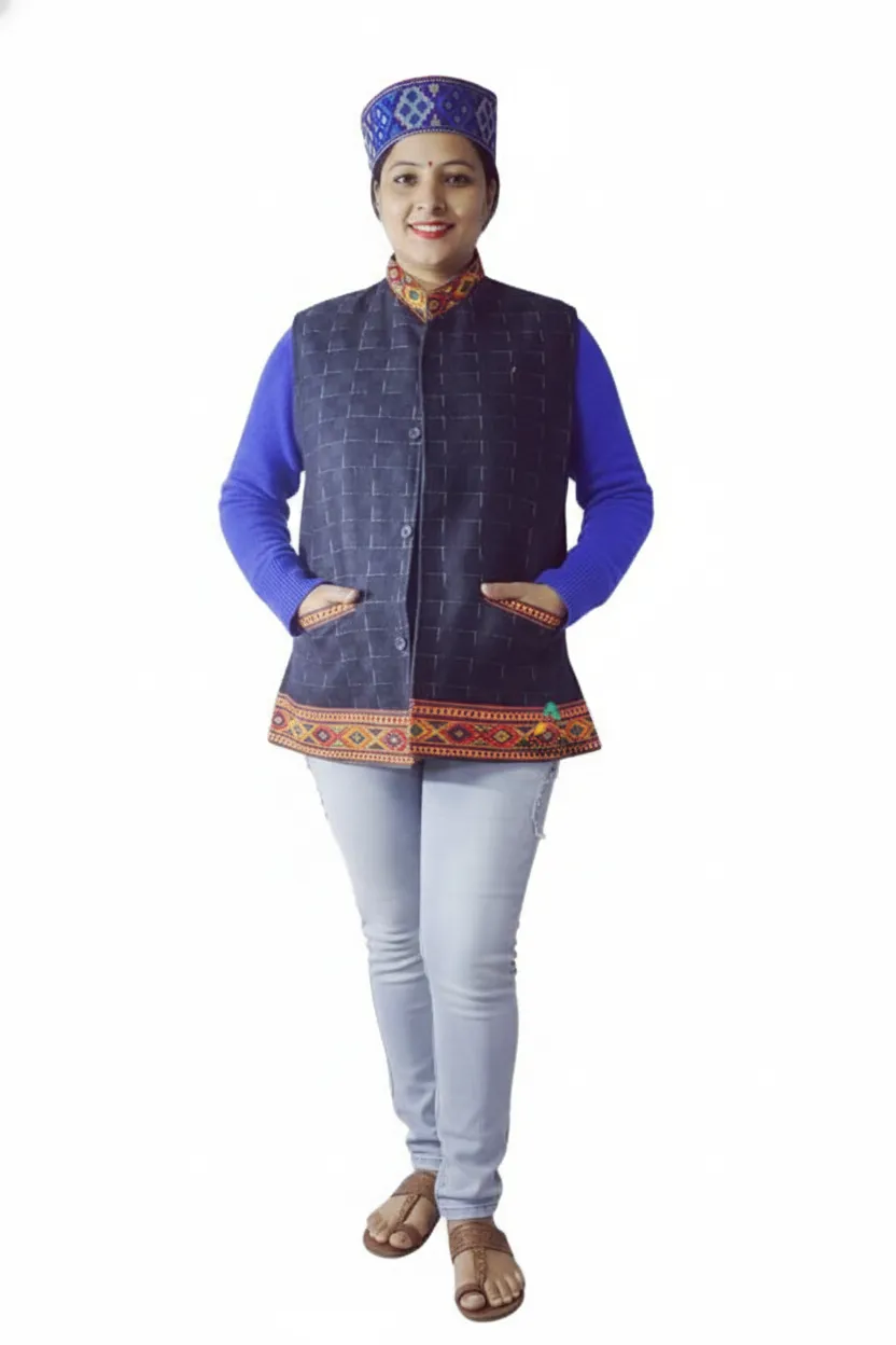 A smiling woman faces forward, wearing the aruna kullu handloom Kullu Ladies Woolen Jacket with traditional kullu patti work in reversal black over a blue shirt, light jeans, and brown sandals, hands in vest pockets against a white background.