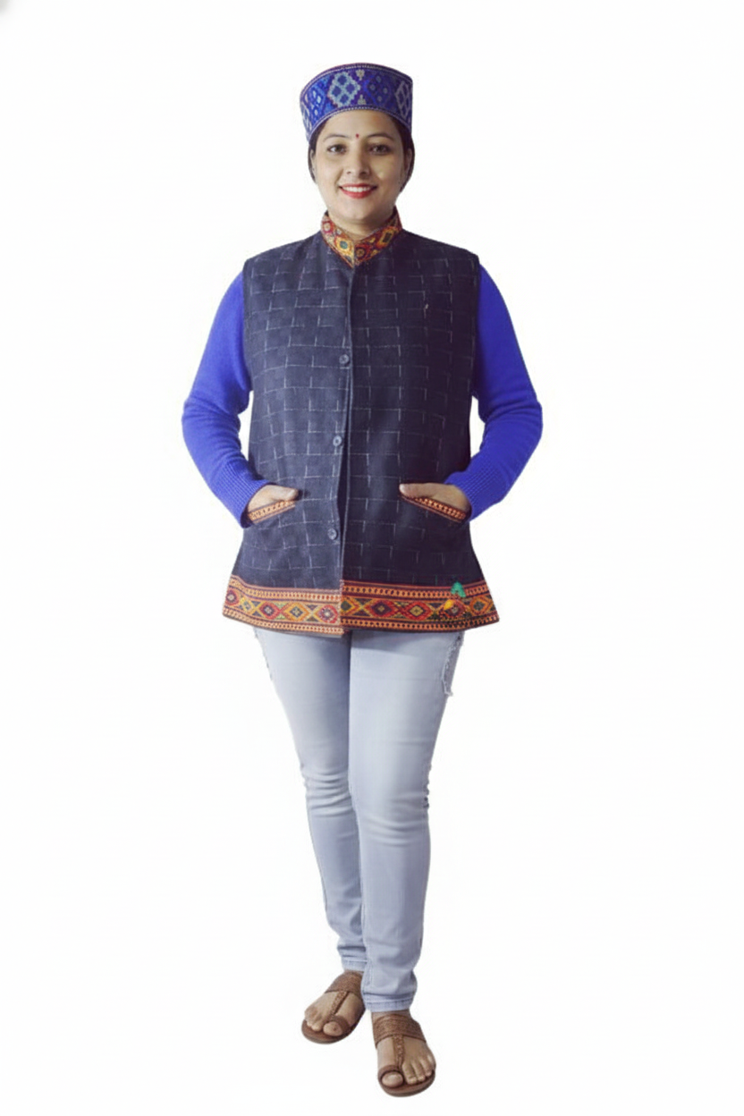 A smiling woman faces forward, wearing the aruna kullu handloom Kullu Ladies Woolen Jacket with traditional kullu patti work in reversal black over a blue shirt, light jeans, and brown sandals, hands in vest pockets against a white background.