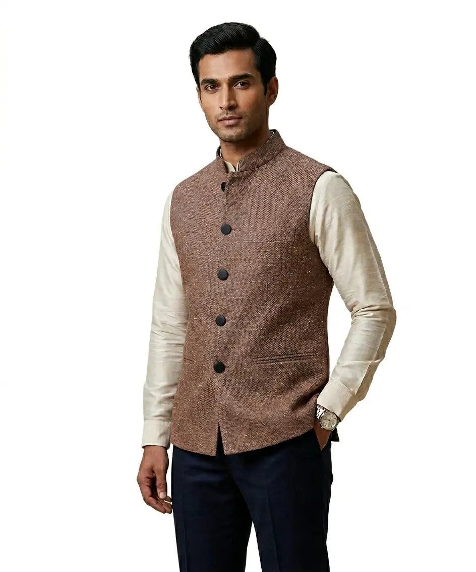 Men's Woolen Tweed Bandhgala Nehru Jacket PURE YAK WOOL BROWN.