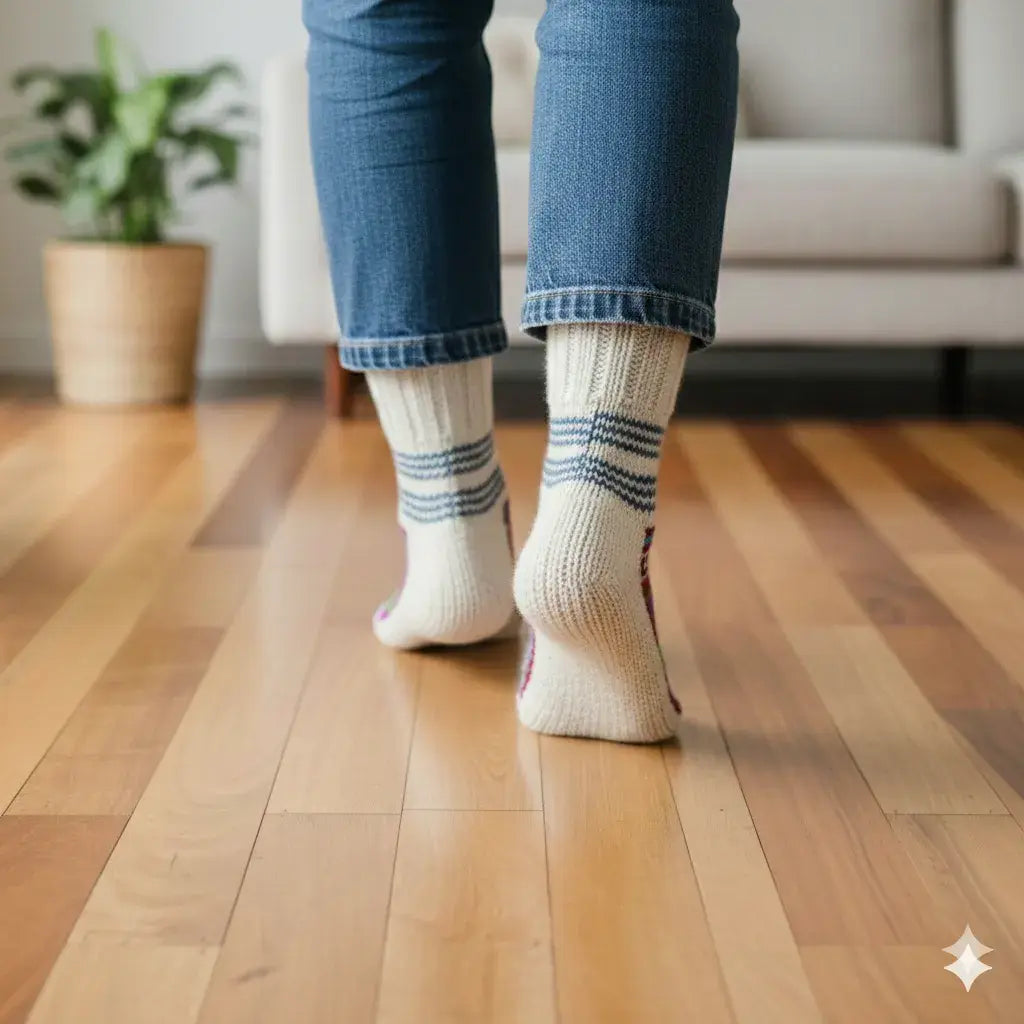 A person in rolled-up jeans stands on tiptoes wearing aruna kullu handloom Merino Wool Socks – White, with a potted plant and white couch visible in the background.