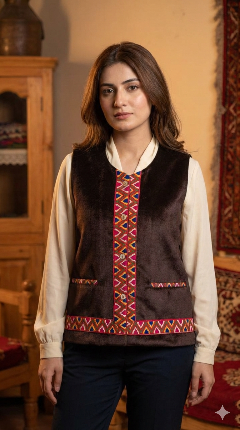 himachali half jacket for ladies Woolen Winter Wear  Jacket for Women brown