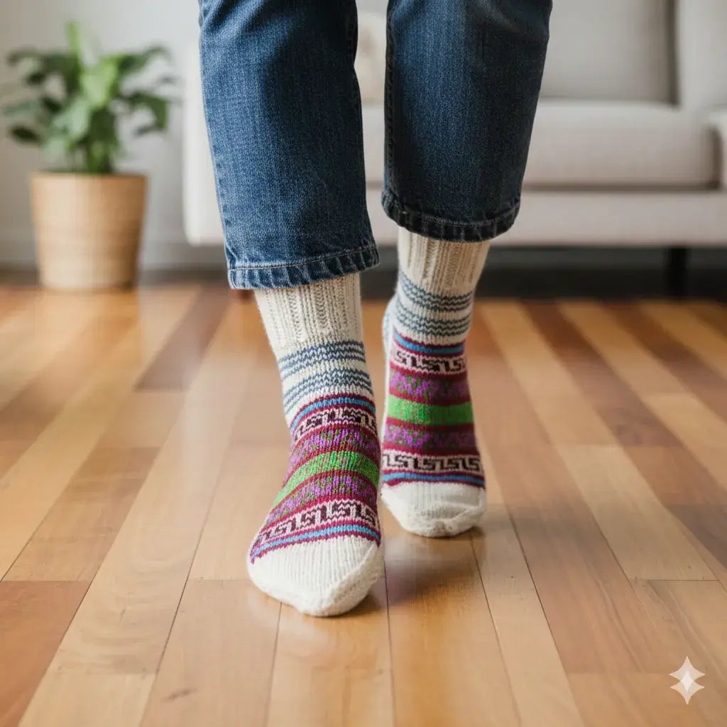 A person wearing aruna kullu handloom Merino Wool Socks – White and blue jeans stands on a wooden floor with a white sofa and potted plant in the background, creating a cozy Bhuttico vibe.