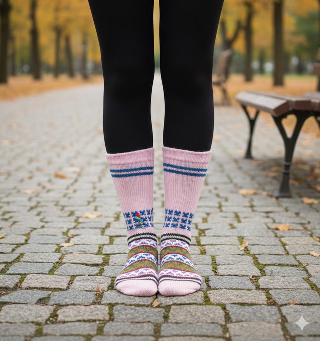 Woollen Traditional Hand Made Kullu Socks (Multicolour, Free Size) pink