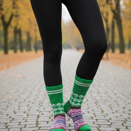 Woollen Traditional Hand Made Kullu Socks (Multicolour, Free Size) GREEN