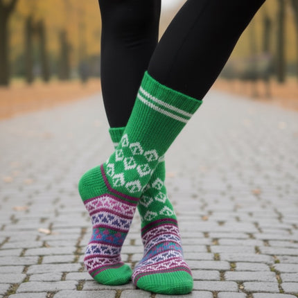 Woollen Traditional Hand Made Kullu Socks (Multicolour, Free Size) GREEN