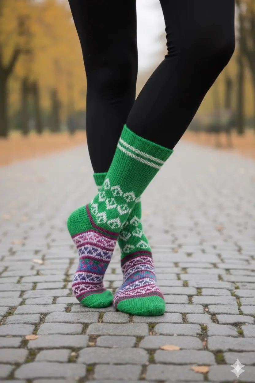 winter socks for ladies Traditional Hand Made himachali kullu socks (Multicolour, Free Size) GREEN.