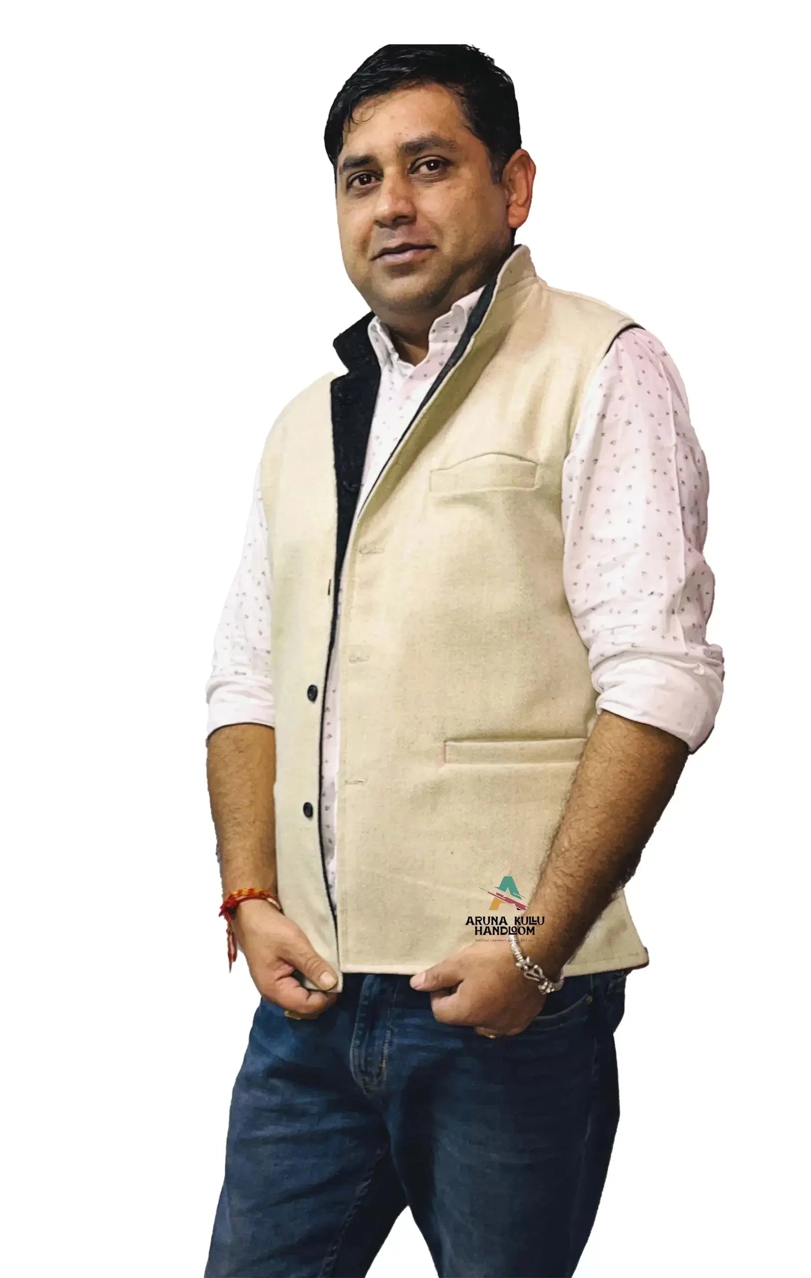 Men's Woolen Tweed Bandhgala Nehru Jacket Waistcoat beige color.