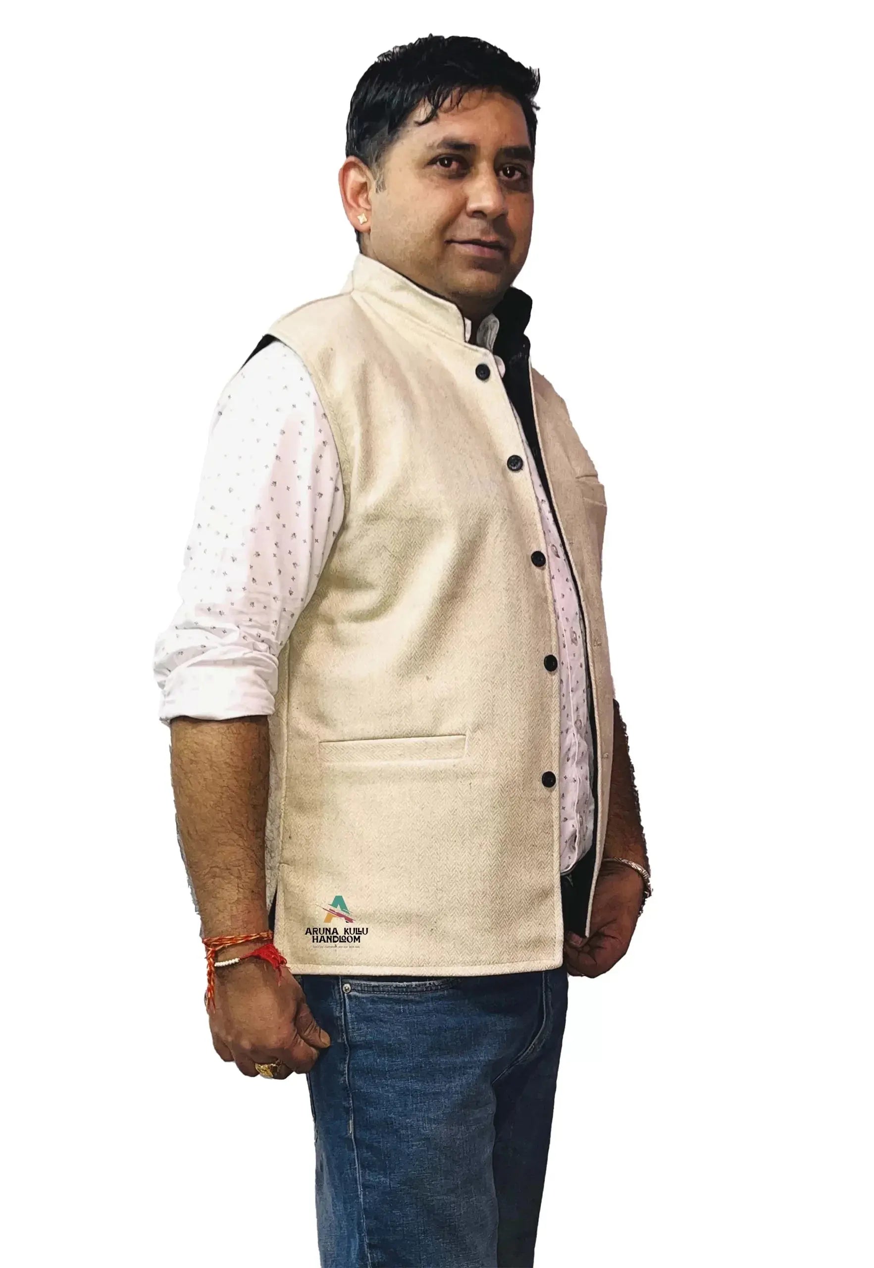 Men's Woolen Tweed Bandhgala Nehru Jacket Waistcoat beige color.
