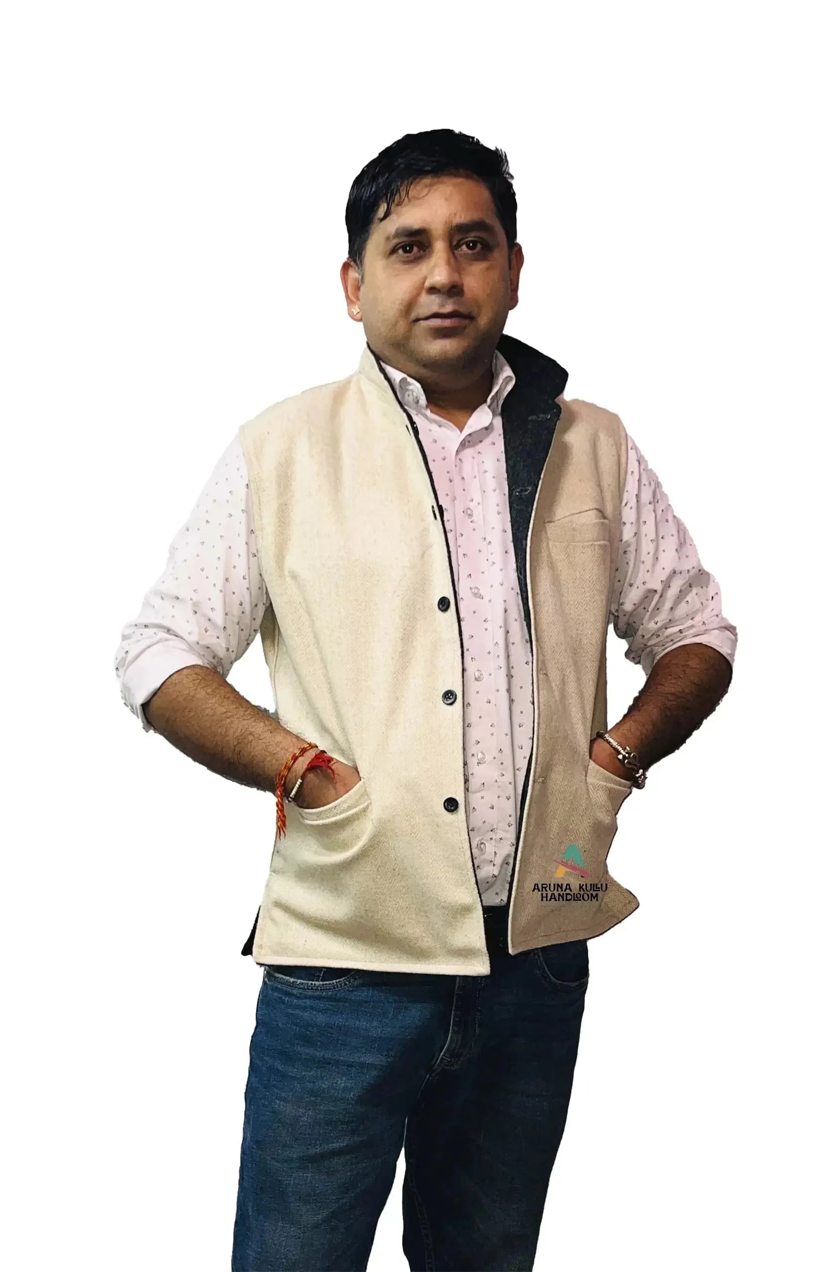 Men's Woolen Tweed Bandhgala Nehru Jacket Waistcoat beige color.