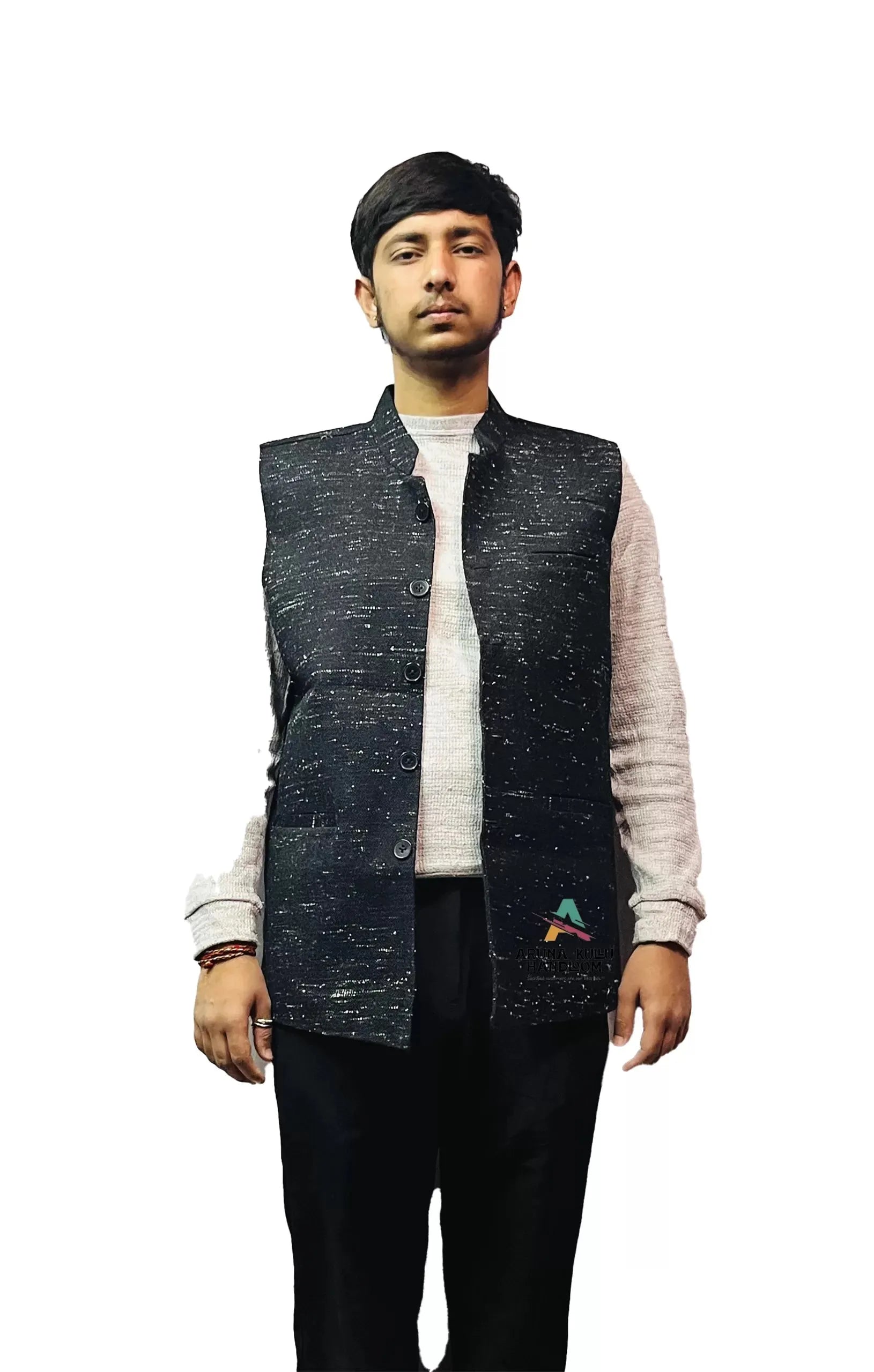 Men's Woolen Tweed Bandhgala Nehru Jacket PURE YAK WOOL M/S BLACK.