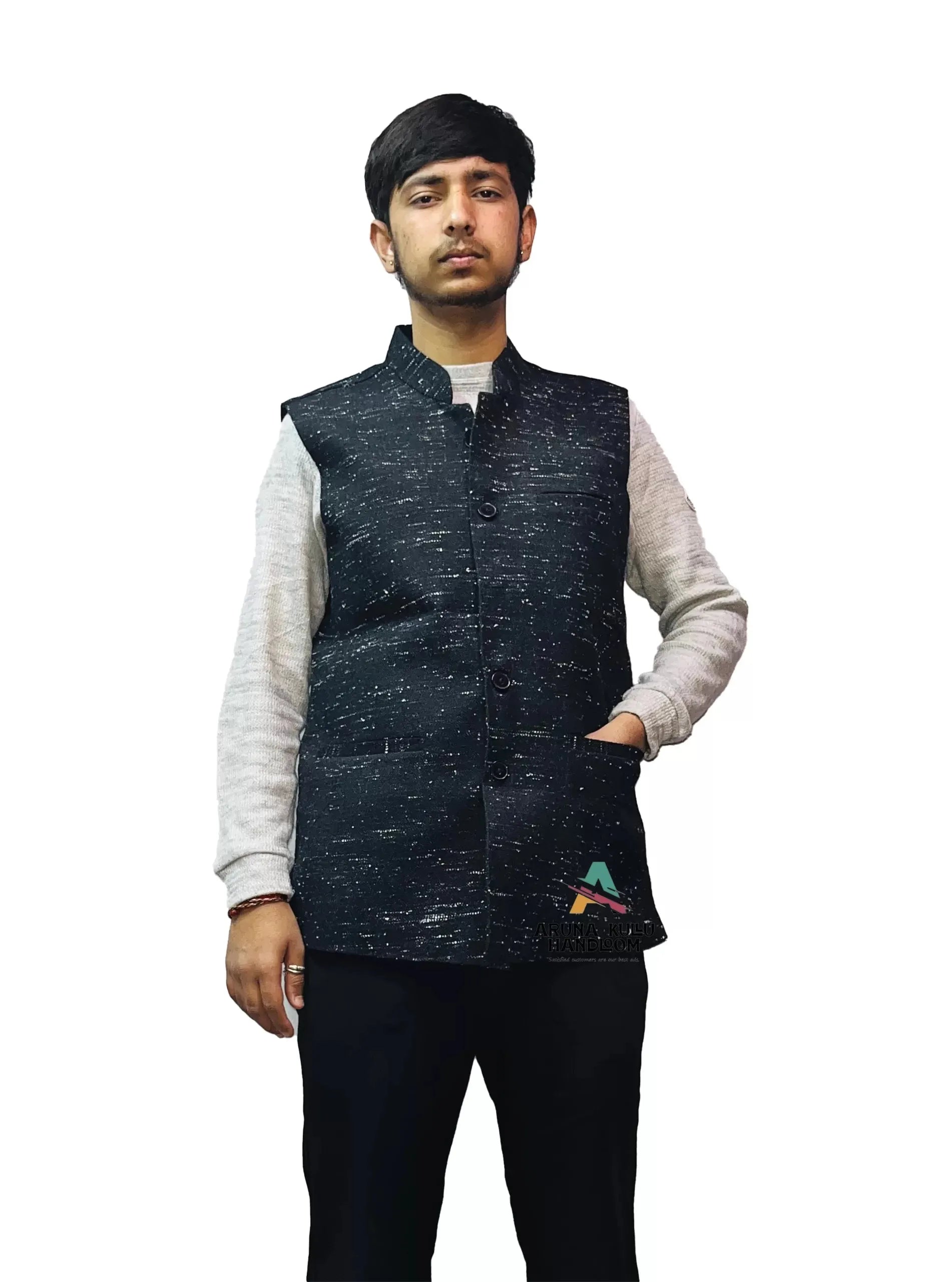 Men's Woolen Tweed Bandhgala Nehru Jacket PURE YAK WOOL M/S BLACK.