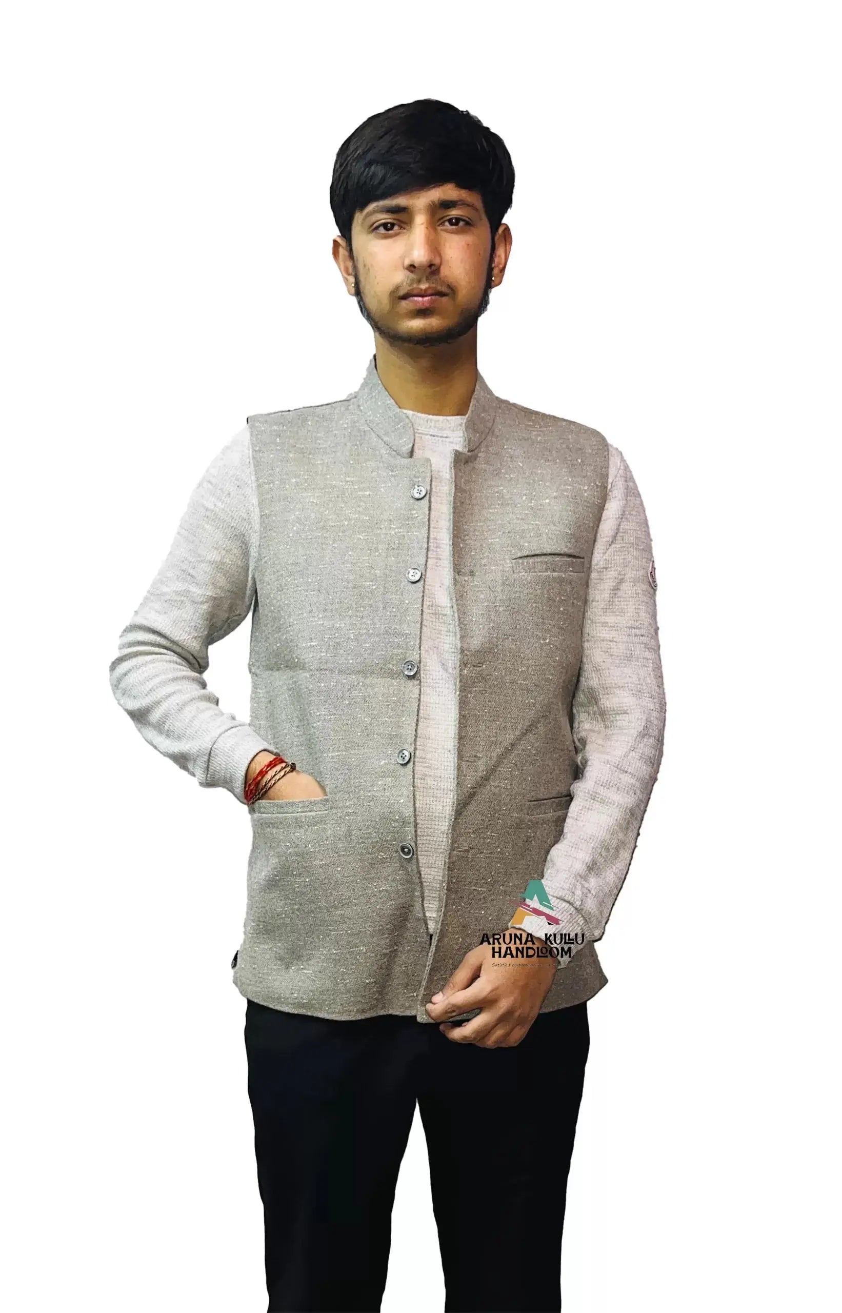 Men's Woolen Tweed Bandhgala Nehru Jacket PURE YAK WOOL GREY.